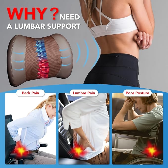 Lofty Aim Lumbar Support Pillow for Car, Memory Foam Lumbar Pillow for Lower Back Pain Relief - Back Cushion for Driving, Chair Support for Car-Office Chair, Wheelchair - Brown