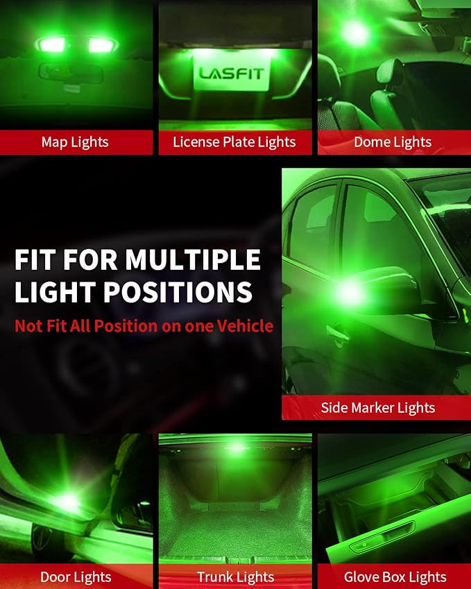 LASFIT 194 168 T10 192 2825 W5W LED Bulb Canbus Error Free, Non-Polarity 400LM Extremely Bright for Dome Map Courtesy Door Trunk Cargo Lights, 12-24V, Bright Green (2-Pcs)
