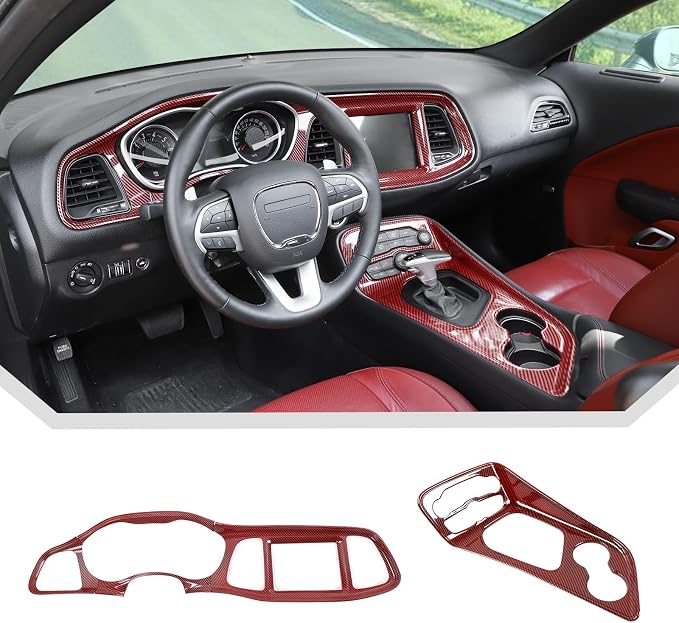 JeCar Red Carbon Fiber Interior Trim Kit Overlay for 2015-2023 Dodge Challenger Interior Accessories, 2pcs