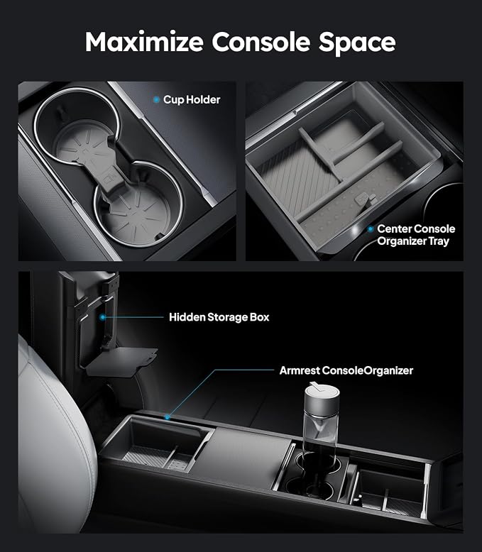 Wigoo Center Console Organizer for Tesla Model Y Juniper (Only Premium & Performance 2025 2026) and All Model 3 Highland Accessories [Double-Layer Storage, Smooth Sliding] 4PCS Gray