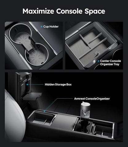 Wigoo Center Console Organizer for Tesla Model Y Juniper (Only Premium & Performance 2025 2026) and All Model 3 Highland Accessories [Double-Layer Storage, Smooth Sliding] 4PCS Gray