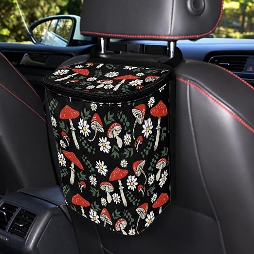 BIGCARJOB Mushroom Daisy Car Trash Bag for Back Seat,Mushroom Print Car Trash Can with Lid Portable Travel Car Trash Bag Holder Vehicle Trash Can for SUV Truck Van