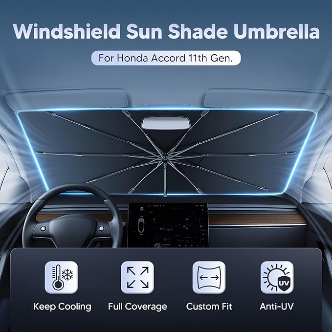Autorder Windshield Sun Shade Umbrella for 2023-2026 Honda Accord Accessories,Upgraded Ice Crystal Material,Easy Setup Umbrella Sunshade for Car Windshield,100% Sun Blocking