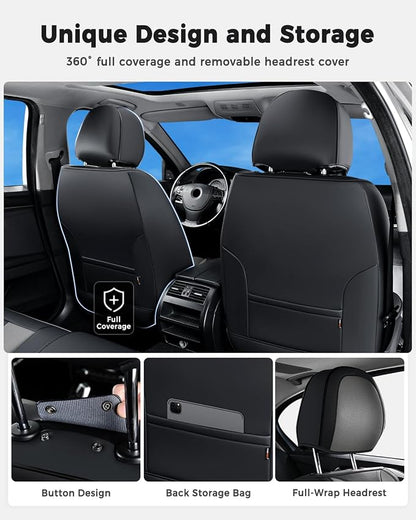 Huidasource Universal Car Seat Cover Luxury Nappa Leather, Car Seat Cover Set with Velcro Adjustable, Airbag, Lumbar Support, Cooling＆Heating, Seat Covers Fit for Most Cars SUV Trucks, Black＆Gray