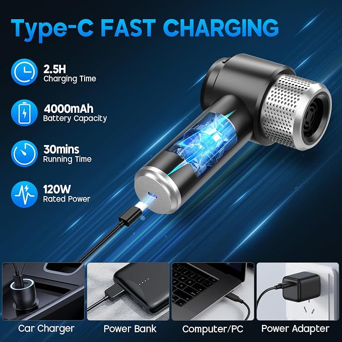 JONYJ Handheld Car Vacuum Cleaner, 16000PA Hand Held Vacuum Portable Cordless, 2 in 1 Air Duster and Vacuum Cleaner with LED Light, Multi-Nozzles, 120W High Power Mini Vacuum for Home, Pet, Office