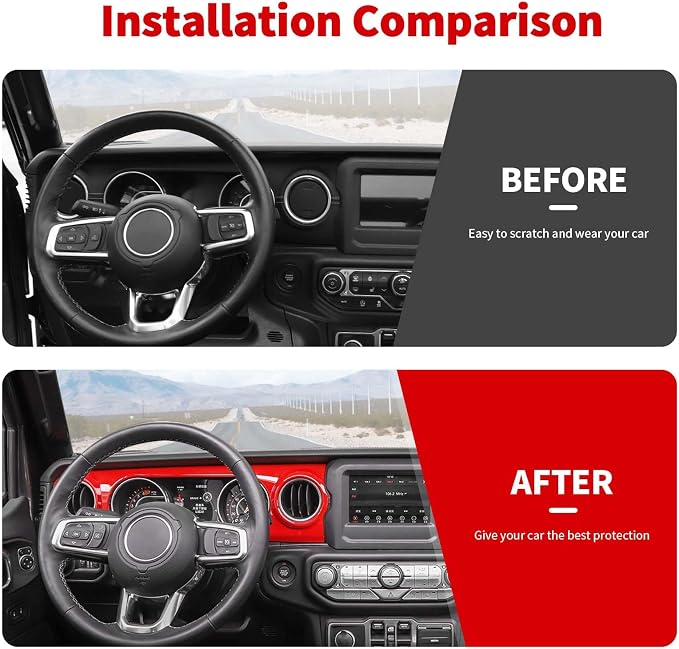for JL Dashboard Decorative Panel Cover, Center Console Trim Cover Kit Compatible with 2018-2023 Jeep Wrangler JL JLU & Jeep Gladiator JT(Red)