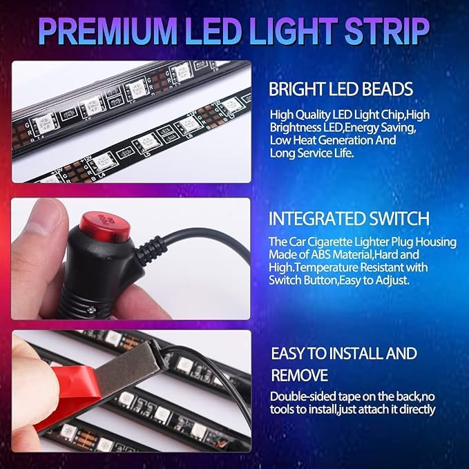 Car LED Strip Light, EJ's SUPER CAR 4pcs 48 LED Multi-Color Car Interior Lights Under Dash Lighting Waterproof Kit with Multi-Mode Change and Wireless Remote Control, Car Charger Included,DC 12V