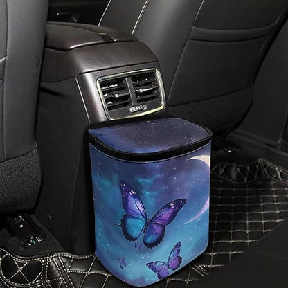 Talayituse Butterfly Moon Cloud Galaxy Print Car Trash Can with Lid, Leak Proof Auto Trash Bag Hanging Vehicle Garbage Can Multipurpose Storage Container for Back Seat Road Trip