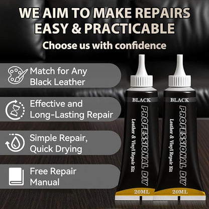 Black Leather Repair Kit for Furniture, Leather Couch Repair Kit for Car Interiors, Seats, Steering Wheel, Sofa, Shoes, Restore Leather Scratch, Tears & Burn Hole with Easy Instructions