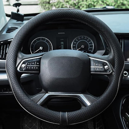Rueesh Microfiber Leather Steering Wheel Cover Anti-Slip Matte Finish Auto Car Wheel Cover Universal 15 Inch Wheel Cover for Car Embossing Pattern (M (14.5"-15" Diameter), White Line)