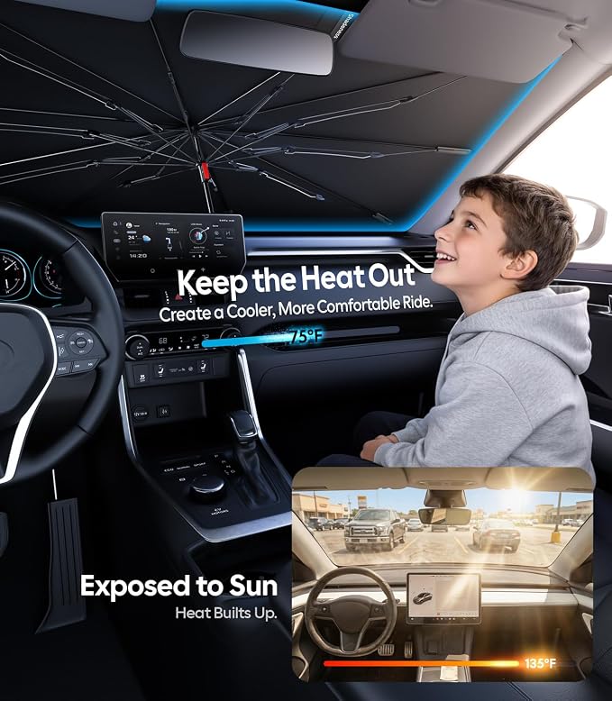 Wigoo Car Windshield Sun Shade Umbrella, UV Block & Heat Insulation, Reinforced Shaft Foldable Sunshade Keeps Car Cool & Protects Interior, Universal Fit for SUV Sedan Truck, A8 (44.4 * 24 in)