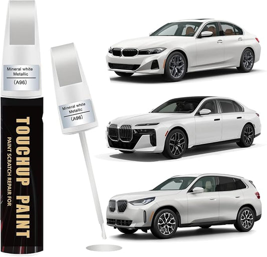 Mineral White Metallic(A96) Car Paint Touch Up Pen Compatible with BMW, 2-In-1 Color Accurate Touch Up Car Scratch Repair Paint Match BMW Series Automotive Scratch Remover for Nicks & Chips Repair