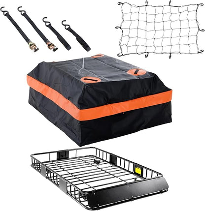 64"x39" Universal Roof Rack, Rooftop Cargo Carrier Basket with Waterproof Bag, Tie Down Strap & Net, Car Top Luggage Holder for SUV, 200lb Capacity, Steel Construction