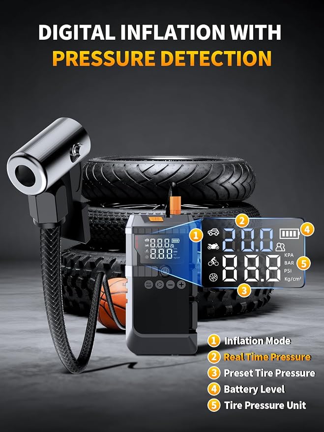 Jump Starter with Air Compressor, Battery Jumper Starter Portable,12V Jump Box with 160PSI Tire Inflator for Car Battery, LED Display for All Gas & 12L Diesel Engines, LED Light, Jumper Cables