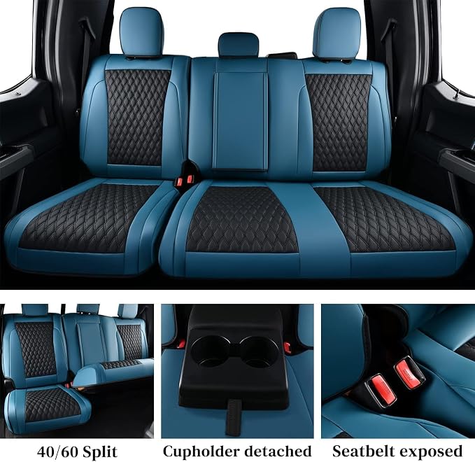Coverado Waterproof Faux Leather Seat Covers Full Set for Ford F150 2015-2026 SuperCrew & F250 F350 F450 2017-2026 Crew Cab, Compatible with XL XLT Lariat King Ranch, Blue Interior Truck Accessories