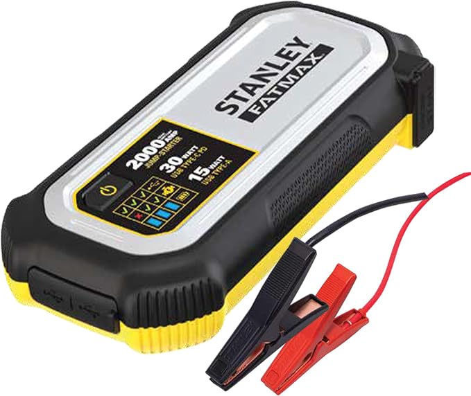 STANLEY FatMax LJ20F 2000 Peak Amp Lithium Jump Starter, 30 Watt USB-C PD, 15 Watt USB-A, Smart Controller and Battery Clips