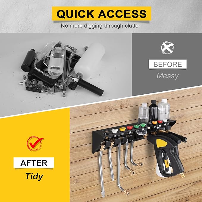 Pressure Washer Gun & Foam Cannon Holder with 1/4 Inch Quick Connector, Wall-Mounted Nozzle Tip & Extension Wand Organizer for Pressure Washer Parts & Accessories