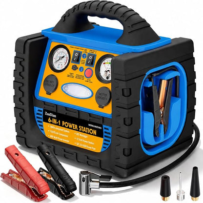 Car Jump Starter with Air Compressor, 1800A Battery Booster Pack for Up to 8.0L Gas & 6.0L Diesel, 150PSI Tire Inflator, 400W Portable Power Station with AC Outlet, 6-in-1 Jump Box for Cars, Trucks