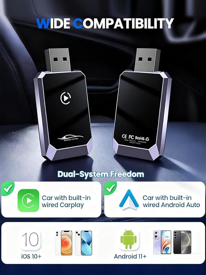 Mini Wireless CarPlay Adapter for iPhone, 2 in 1 CarPlay & Android Auto Compatible iOS10+/Android 11+, Convert Wired to Wireless Adapter for Apple Carplay, Stable Control & No Delay, w/USB-C