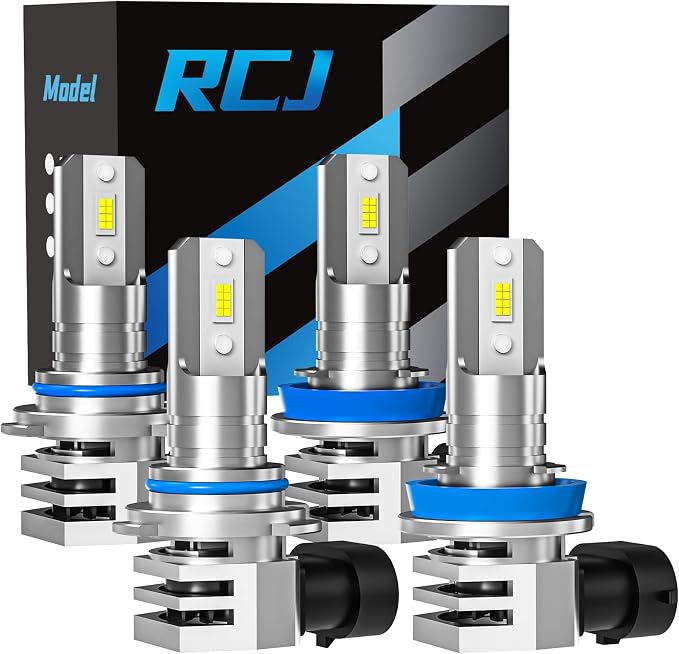 RCJ Fog Weather Light Bulbs, 9005/HB3 H11/H8/H9 Bulbs Combo 6000K Cool White with Cooling Fan, Plug-N-Play, Pack of 4