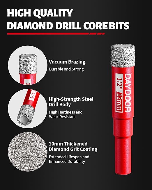 DAYDOOR Dry Diamond Drill Bits Set, 1/4" 5/16" 3/8" 1/2" Diamond Hole Saw Kit for Porcelain Tile Ceramic Glass Marble Granite, Tile Drill Bits with Cooling Wax, Round Shank (10-Piece)