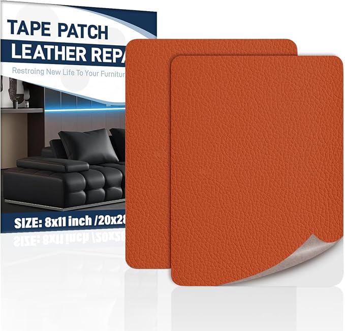 Zenyao Leather Repair Patch Tape - Self Adhesive Leather Repair Kit for Car Seat Furniture, Heavy Duty Vinyl Repair Patch for Couch Sofa, Waterproof Fix for Tears, 8x11 Inch Sheet, 2 Pieces, Orange