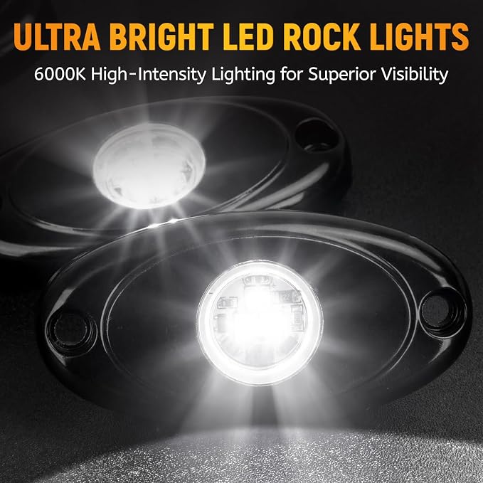 YONEDA 4 Pods White Rock Lights 6000K 3LED Bright LED Underglow Lights IP68 Waterproof for Trucks SUV UTV ATV RZR Car Boats Pickup Motorcycle