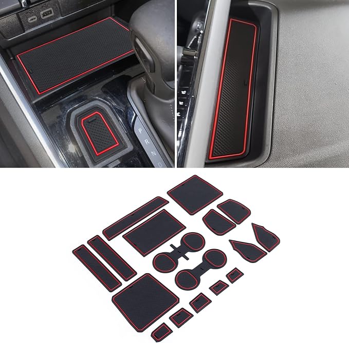 JDMCAR Custom Liner Accessories Compatible with 2023 2024 2025 2026 Chevy Colorado/GMC Canyon, Premium Cup Holder, Center Console, and Door Pocket Inserts Mat Kit-17 PCS Set (Crew Cab, Red Trim)