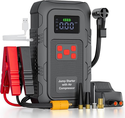 6000A Jump Starter with Air Compressor, Portable Car Battery Jump Starter with 150 PSI Tire Inflator for Up to 10.0L Gas and 8.0L Diesel Engines, 12V Jump Box with LCD Display