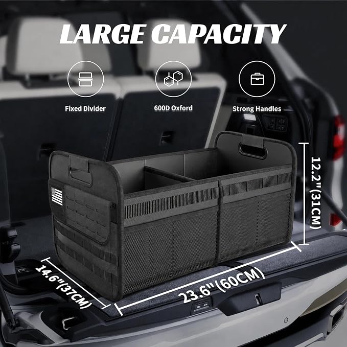 Sposuit Car Trunk Organizer for SUV - 70L Collapsible Tactical MOLLE Car Storage with Reinforced Handles & Multiple Pockets, Sturdy Trunk Organizers for Groceries, Tools & Outdoor Storage (Black)