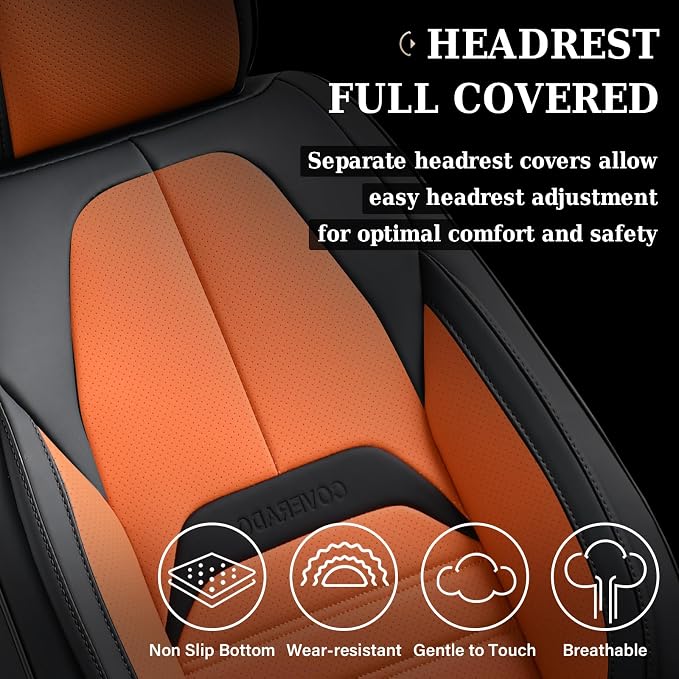 Coverado Waterproof Nappa Leather Car Seat Covers, Automotive Seat Covers，Front Car Seat Cushion & Car Seat Protector, Seat Covers Universal Fit for Most Cars, SUVs,Trucks,Black&Orange