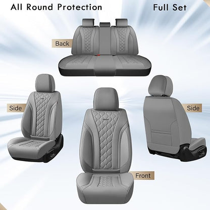 Coverado Leather Seat Covers, Car Seat Covers Full Set, Perforated Diamond Leather Car Seat Cover, Waterproof Car Seat Protector Seat Cushion, Universal 5 Seats Seat Cover Fit for Most Cars, Gray