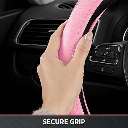Road Comforts Steering Wheel Cover - Flat Bottom Wheel Cover Made with PVC Leather and Leopard Fabric - Universal Fit for 15-Inch D-Shaped Automotive Steering Wheels (All Pink)