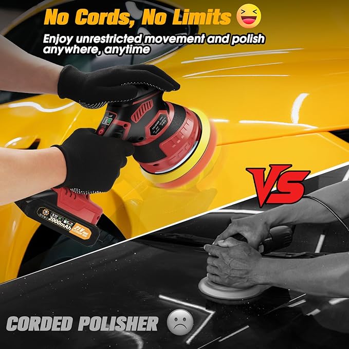 Cordless Car Buffer Polisher kit [2x 2000mAh 21V Batteries & 18 PCS Attachments] 6-Speed Orbital Design, LED Display, Lightweight Detailing Tool for Waxing, Polishing & Scratch Removal-Red