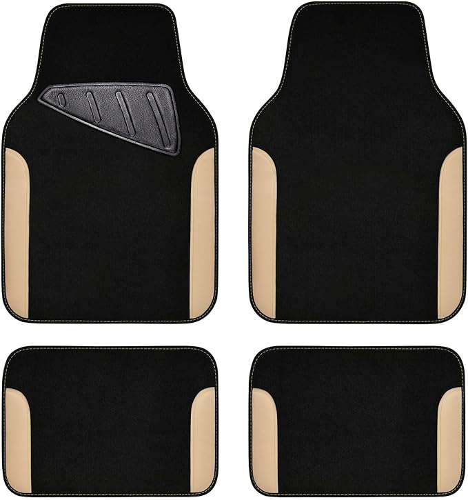CAR PASS Waterproof Car Floor Mat, Universal Fit Car Mats with Driver Heel Pad, Leather Car Carpet, Anti-Slip Nibbed Backing Floor Mats for SUV, Vans,Sedan,Truck, Automotive Floor Mats (Black Beige)