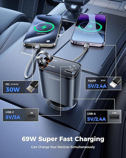 SUPERONE Smaller Retractable Car Charger with Dual Type C Cords, 69W Fast Retractable USB C Car Charger, 4 in 1 Car Accessories Car Chargers for iPhone 17 16 15 14 13 12 Galaxy Pixel