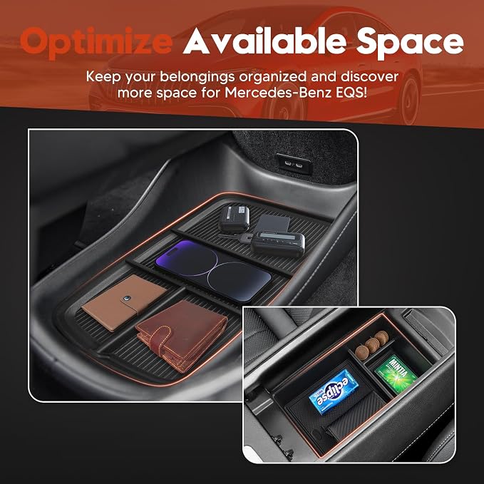 Sunsdrew 2025 Upgraded 2PCS Mercedes-Benz EQS Center Console Organizer&Lower Center Console Tray for 2023 2024 2025 Mercedes Benz EQS Interior Accessories Anti-Slip