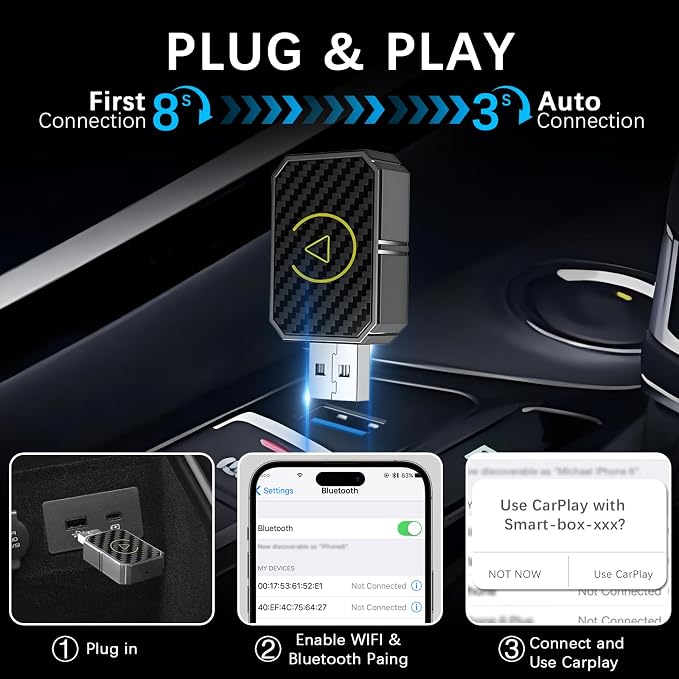 Wireless Carplay Adapter for Apple Android Auto Wireless Adapter for Factory Wired Cars,Bluetooth Fast Auto-Connect No Lag for iPhone 6+/iOS 10+ Android 11+