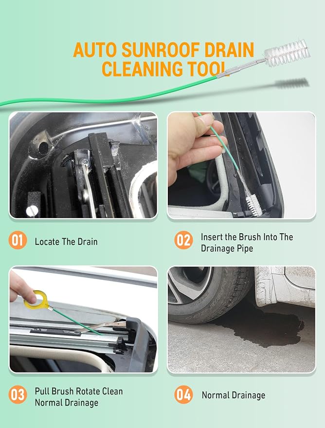 Auto Sunroof Cleaning Tool, 120 Inch Long Flexible Pipe Brush, Tube Cleaner Brush with 1 PC 7.9 Inch Drain Brush, Slim Drain Dredging Brush Perfect for Car Sunroof, Windshield Wiper Drain Hole
