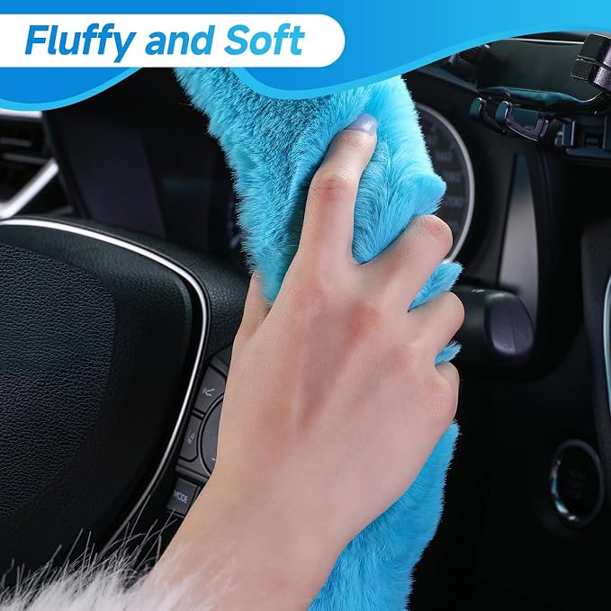 SEG Direct Furry Car Steering Wheel Cover with Gear Shift Cover, Soft and Warm, Cute Fluffy Auto Decor for Women Men, Standard Size, 2 PCS Set, Cyan