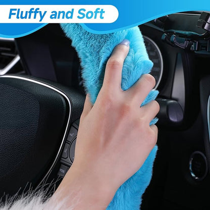SEG Direct Furry Car Steering Wheel Cover with Gear Shift Cover, Soft and Warm, Cute Fluffy Auto Decor for Women Men, Standard Size, 2 PCS Set, Cyan