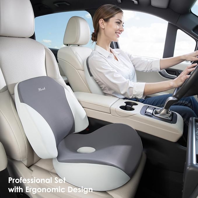 FLORICH Upgraded Ergonomic Memory Foam Car Seat Cushion with Lumbar Support, Non-Slip, Washable Driving Seat Cushion for Back & Sciatica Pain Relief, Large Car Seat Cushion Driver, Office-Gray