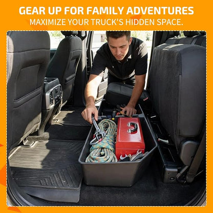 Rear Underseat Storage Box for 2015-2025 Ford F-150 & 2017-2025 Ford F-250 F-350 F-450 F-550 Super Duty, Heavy-Duty Back Seat Organizer with Dividers, Non-Slip Waterproof Truck Under Seat Storage