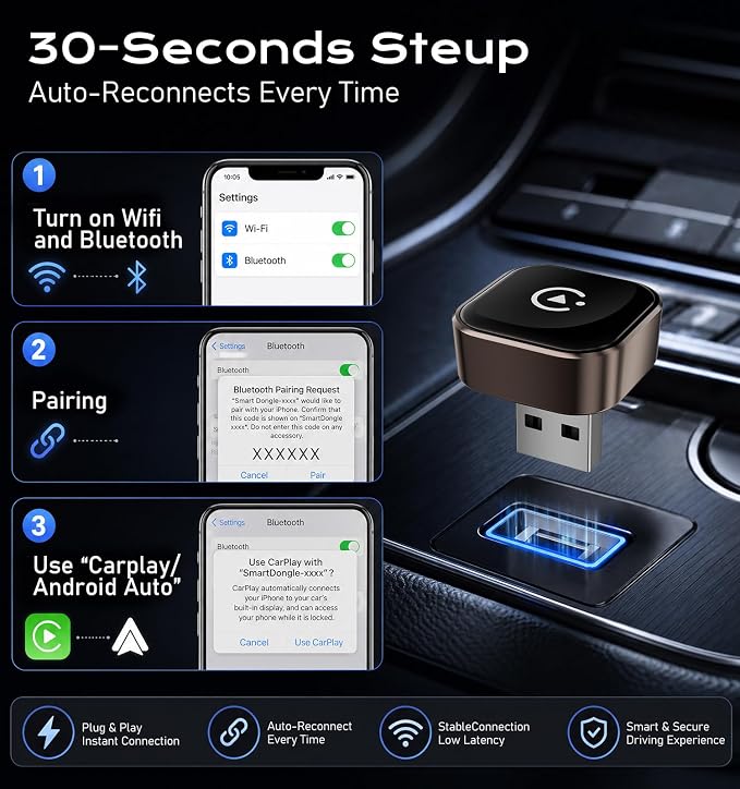 Wireless CarPlay/Android Auto Adapter, 2-in-1 USB-C/A Carplay Adapter | Convert Wired to Wireless; Plug and Play