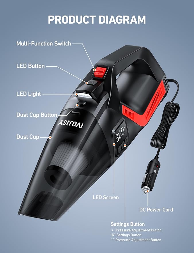 AstroAI 4-in-1 V3 12V DC High Power Handheld Car Vacuum Cleaner for Car,Home,Pet Hair Cleaning, 150 PSI 16.4FT Cord Digital Pressure Gauge & LED Light Portable Tire Inflator for Cars,Bikes,SUVs,Balls