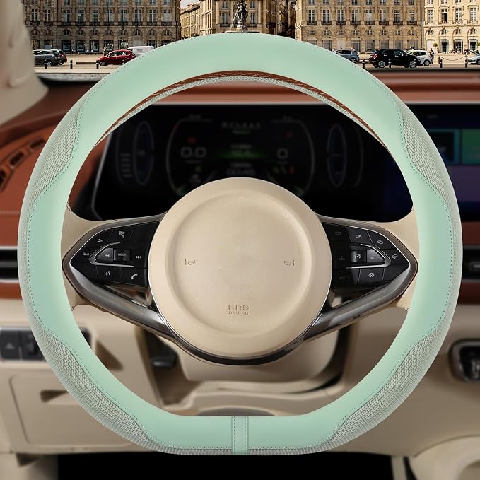 Nappa Leather Green D Shape Steering Wheel Cover, Advanced Microfiber Leather Non-Slip Breathable Fabric, Warm in Winter and Cool in Summer, Universal 15 inch