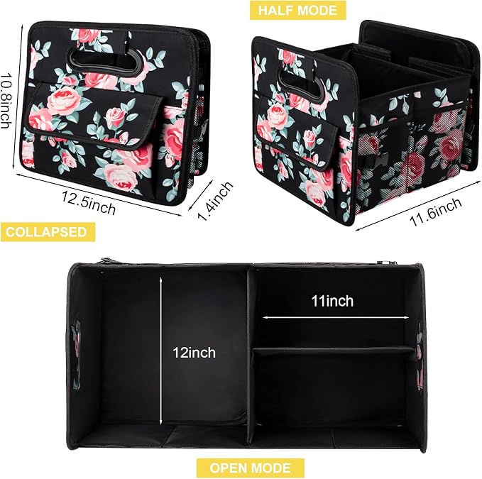 JiatuA Car Trunk Organizers and Storage Collapsible Multi Compartment Container Box, Adjustable Car Accessories for SUV Sedan Truck, Standard Size, Black Floral