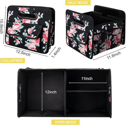 JiatuA Car Trunk Organizers and Storage Collapsible Multi Compartment Container Box, Adjustable Car Accessories for SUV Sedan Truck, Standard Size, Black Floral