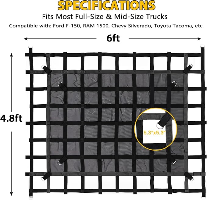 Cargo Net for Pickup Truck Bed - 4.8' x 6' Heavy Duty Truck Bed Net, 1,500 lbs Load Capacity, Tight Mesh Safety Net with Cam Buckles & S-Hooks & Tie Down Straps for Ford Chevy GMC RAM Toyota