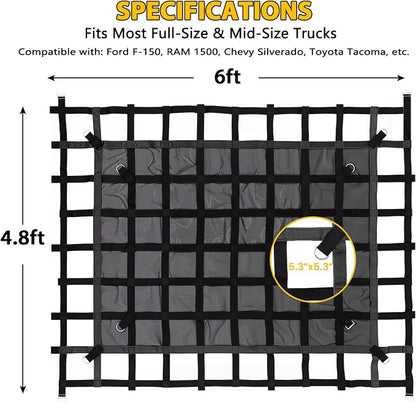 Cargo Net for Pickup Truck Bed - 4.8' x 6' Heavy Duty Truck Bed Net, 1,500 lbs Load Capacity, Tight Mesh Safety Net with Cam Buckles & S-Hooks & Tie Down Straps for Ford Chevy GMC RAM Toyota